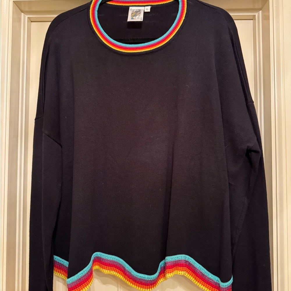 QUEEN OF SPARKLES Black Sweater with Rainbow Trim